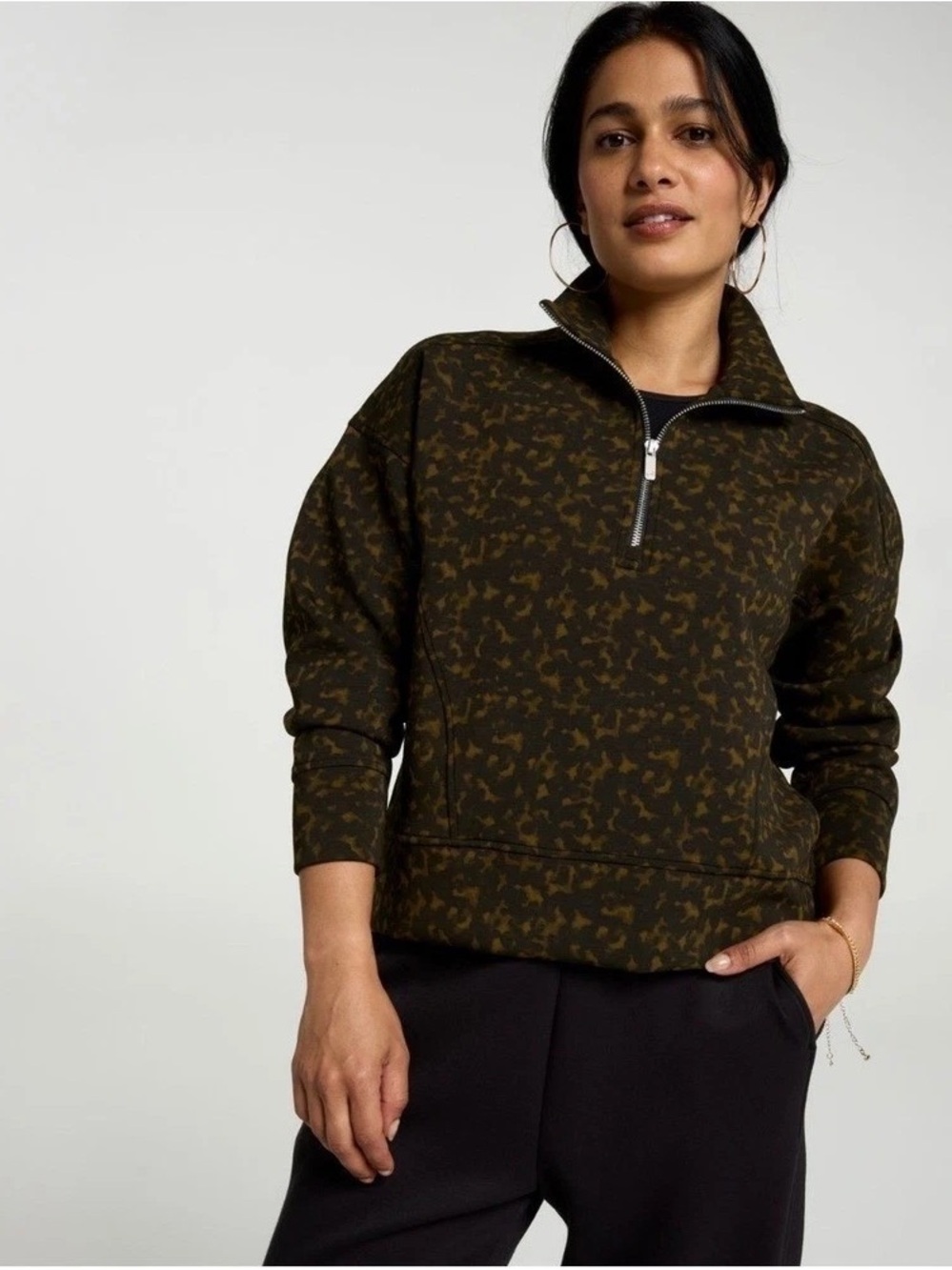 Calia Soft Scuba Mock Neck 1/4 -Zip Sweatshirt Tops in Tortoise Print Black